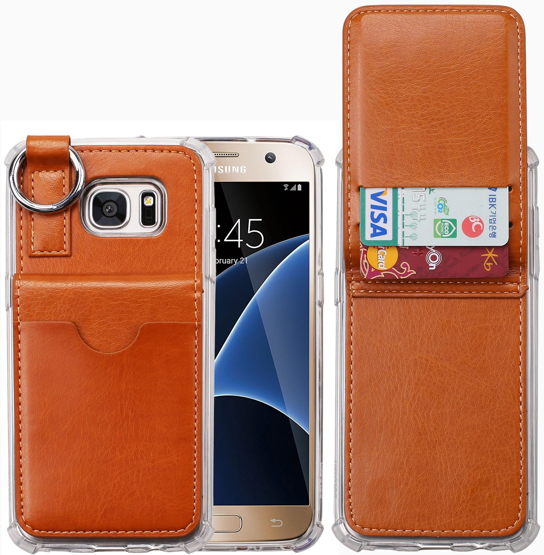 Galaxy S7 Wallet Case,[Pocket Ring Bumper] Credit Card Case [Kick Stand] Protective Hybrid Case [Key Ring Holder] with 3 Cards Slot Wallet for Galaxy S7 (Brown)