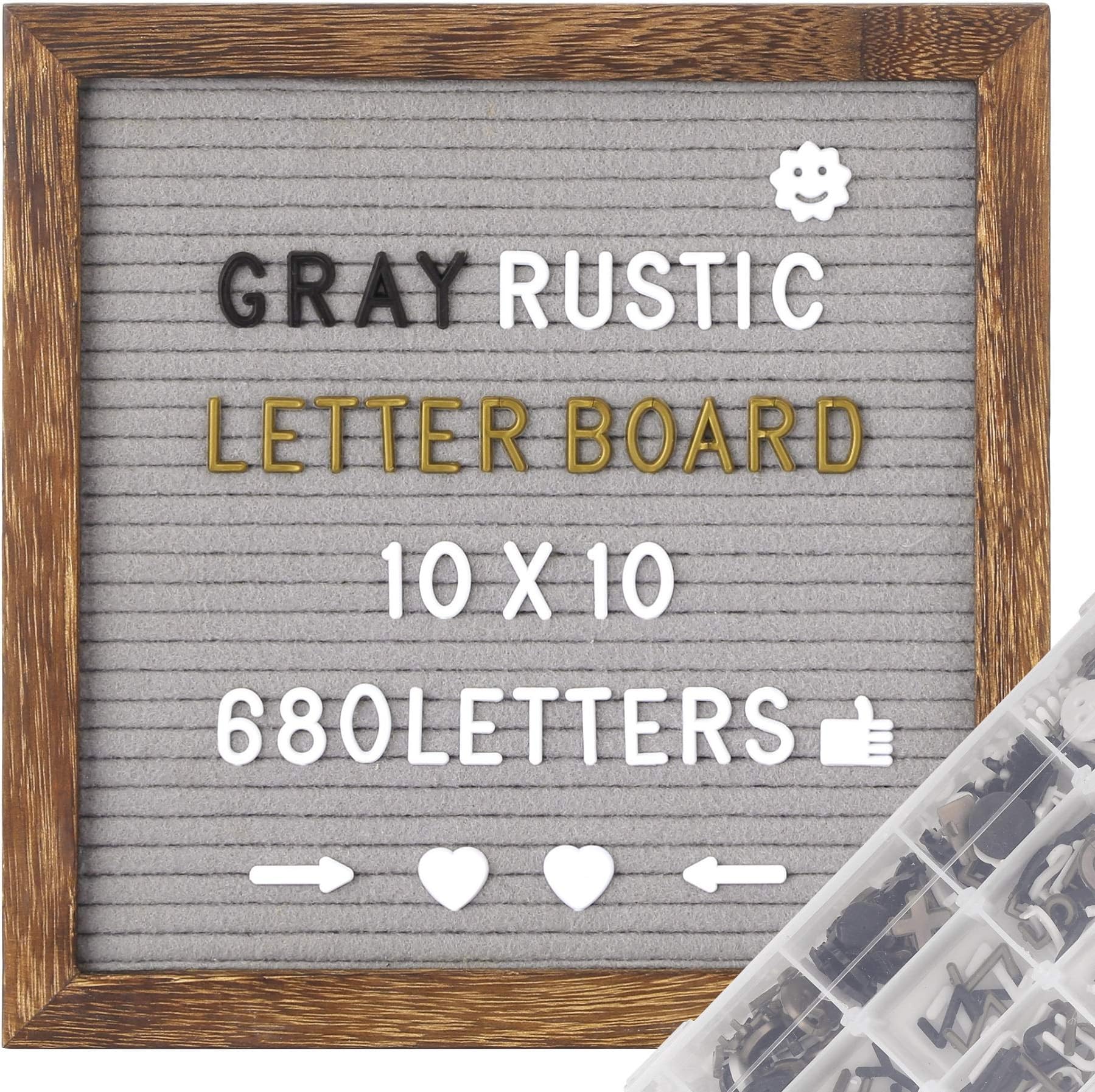 G GAMIT Felt Letter Board in Rustic Wood Frame, Pre-Cut&Sort 680 White&Black&Golden Letters, 10x10 inches Gray Message Board,Word Board &Sign Board with Stand Include Sorting Tray,Wall Mount&Gift Box