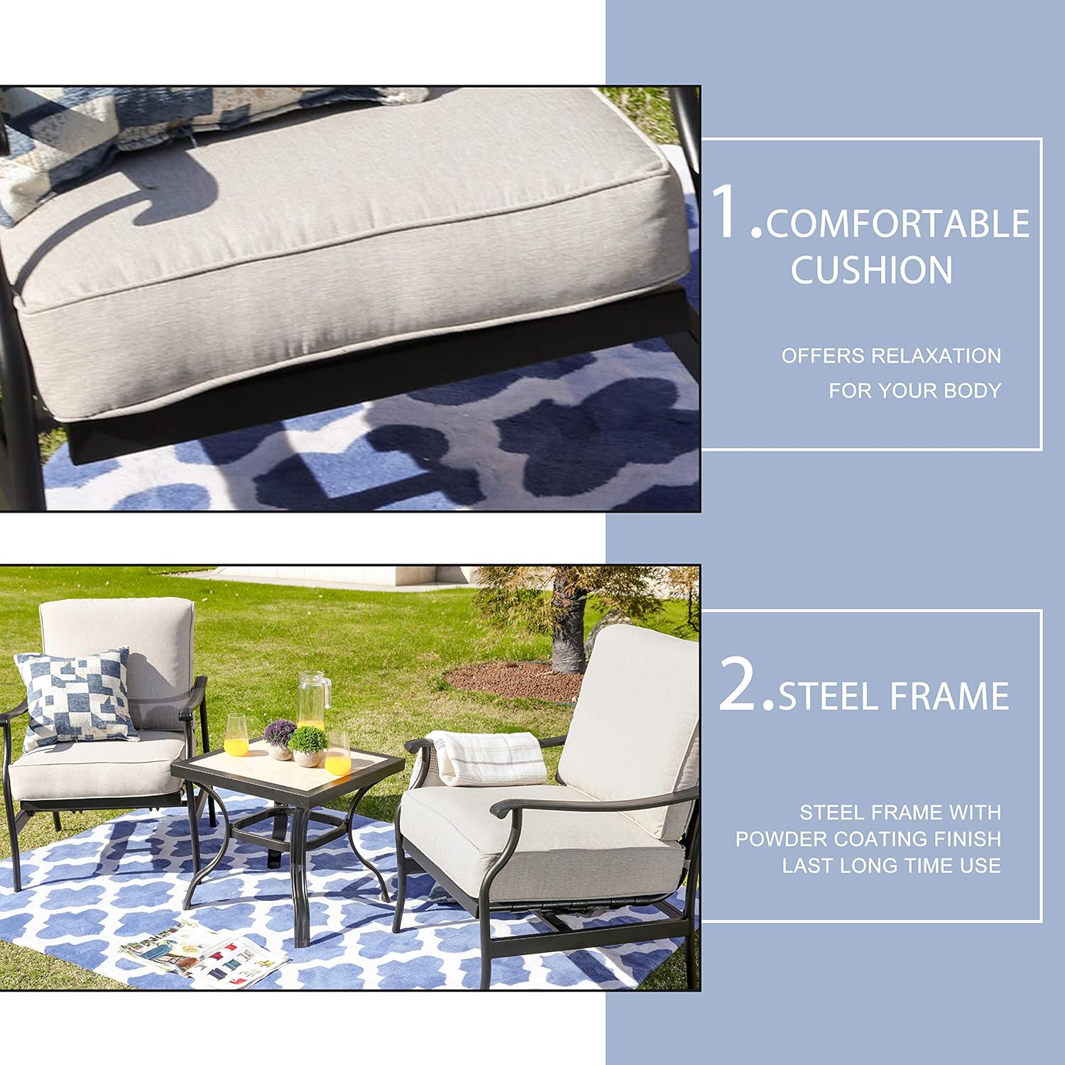 LOKATSE HOME 3 Pcs Outdoor Conversation Furniture Patio Bistro Set Modern Metal Chair with Cushion & Square Coffee Table, Beige : Garden & Outdoor