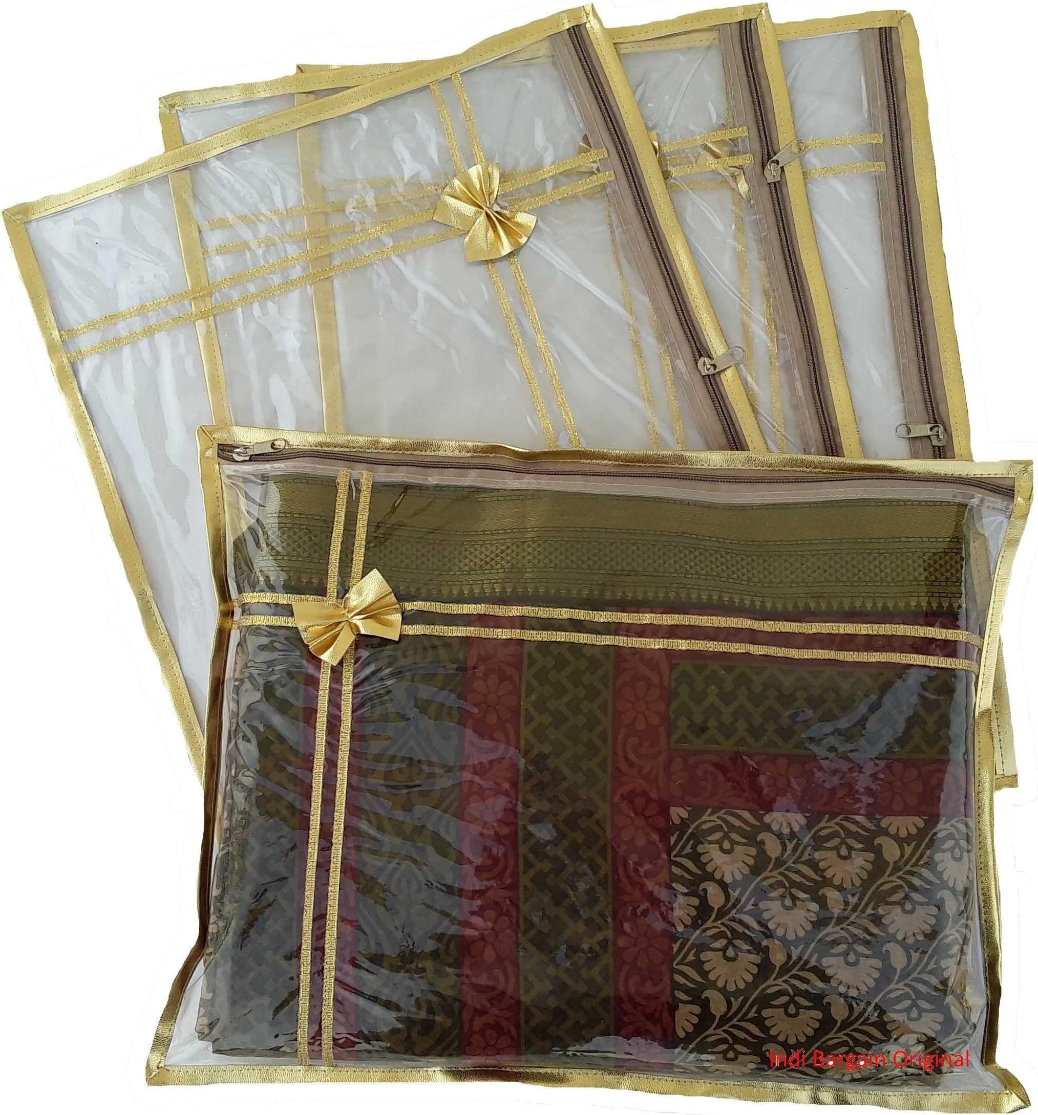 Indi Bargain Transparent Golden Laced Fancy Wedding Single Saree Covers (Set of 4)