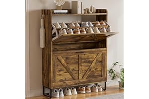 EOYUTLLY Shoe Cabinet for Entryway with 2 Flip Drawers,Narrow Wooden Shoe Storage Cabinet with Metal Legs,Hold 24 Pairs, 4-Tier Adjustable Shelves–Freestanding Hidden Shoe Organizer for Hallway, Foyer