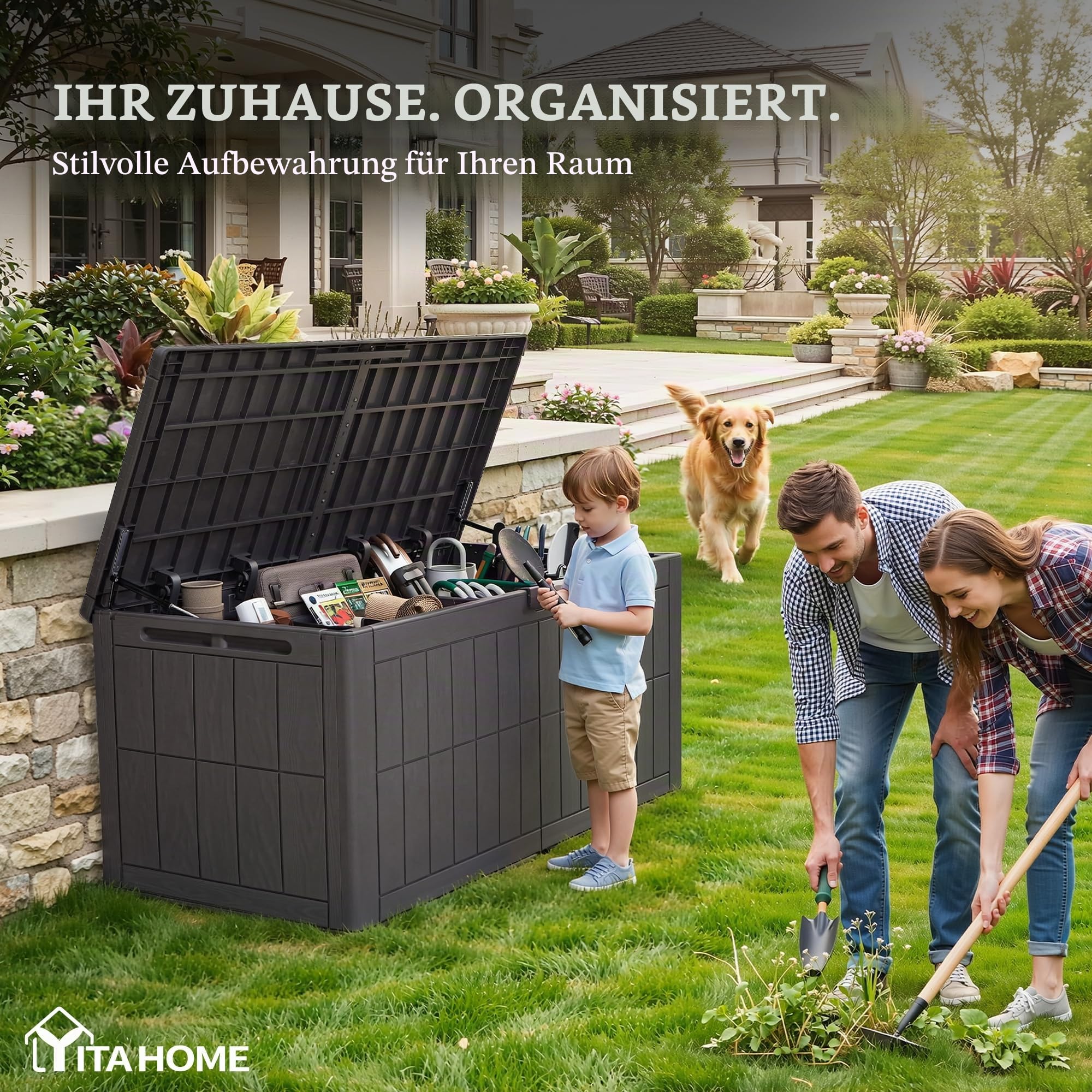 YITAHOME Außenspeicherbox 450L wasserdichte Deckbox für Gartengeräte Terrassenkissen Swimmingpool-Zubehör verschließbar einfach zusammenzubauen vielseitiger Sitzbank oder Tisch,dunkelbraun 2