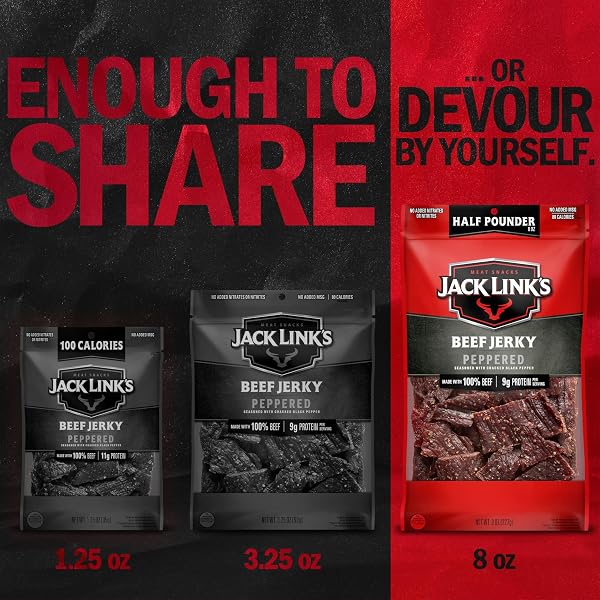 JACK LINK’S BEEF JERKY, PEPPERED, HALF POUNDER LARGE JERKY BAG – FLAVORFUL MEAT SNACK, READY TO EAT PROTEIN SNACKS WITH 9G OF PROTEIN PER SERVING, MADE WITH 100% BEEF