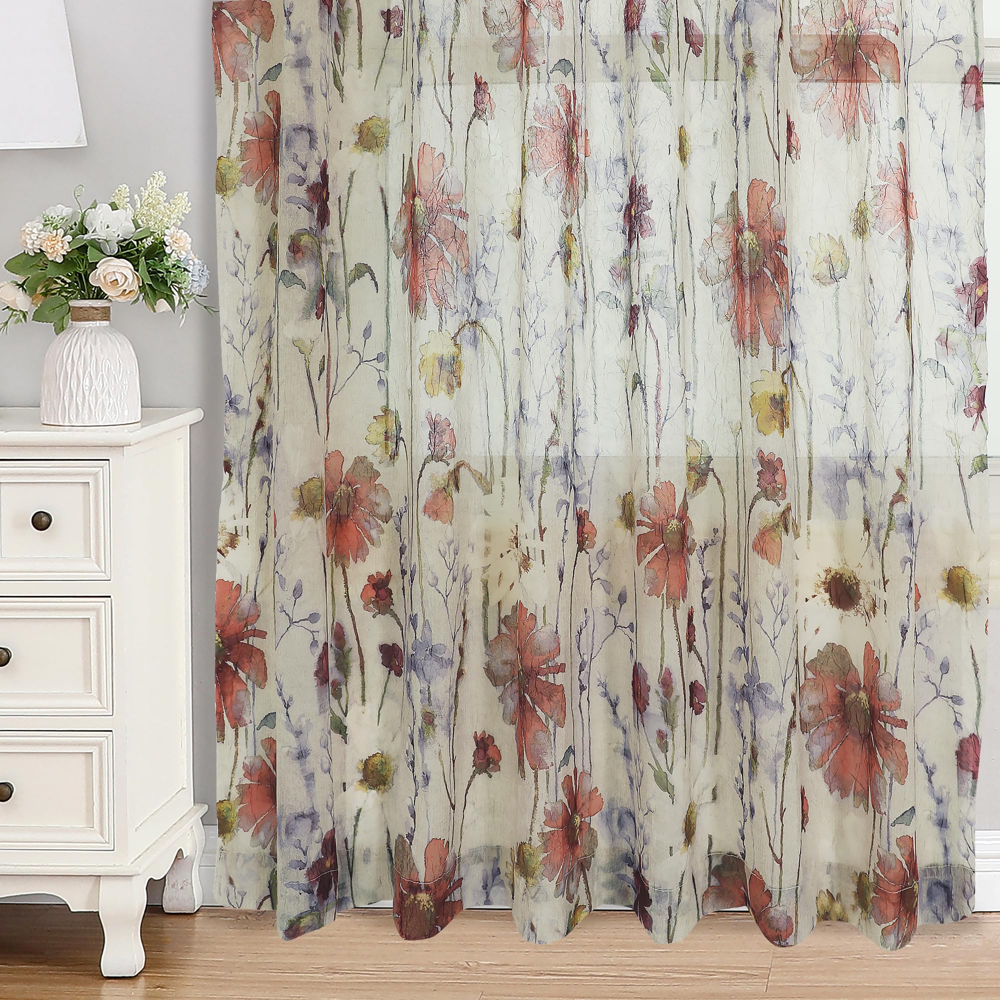 Photo 1 of OWENIE Crushed Sheer Curtains 63 Inches Length 2 Panels Set, Sheer Floral Curtians with printed Design, Printing Drapes on Sheers for Living Room, Rod Pocket Light Filtering Window Sheers 42" W x 63"L