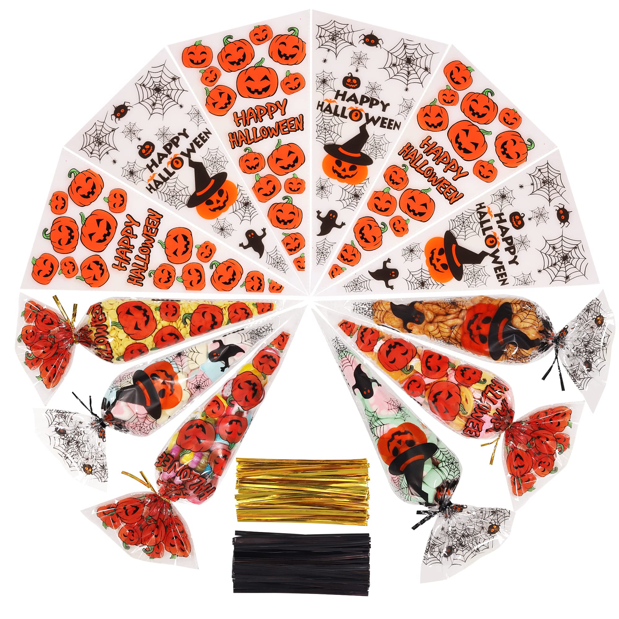 AUERVO 100Pcs Halloween Cone Bags, Pumpkin and Spider Web Treat Bags With Gold and Black Twist Ties for Party Favor Snacks Candy Kids Gift
