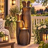 AUTODAYA 5-Tier Faux Rattan Vase Water Fountain Outdoor with LED Lights | Polyresin Cascading Waterfall, Unique Natural Water Feature, Tranquil Oasis for Garden, Patio Yard Porch Decor, 33"H
