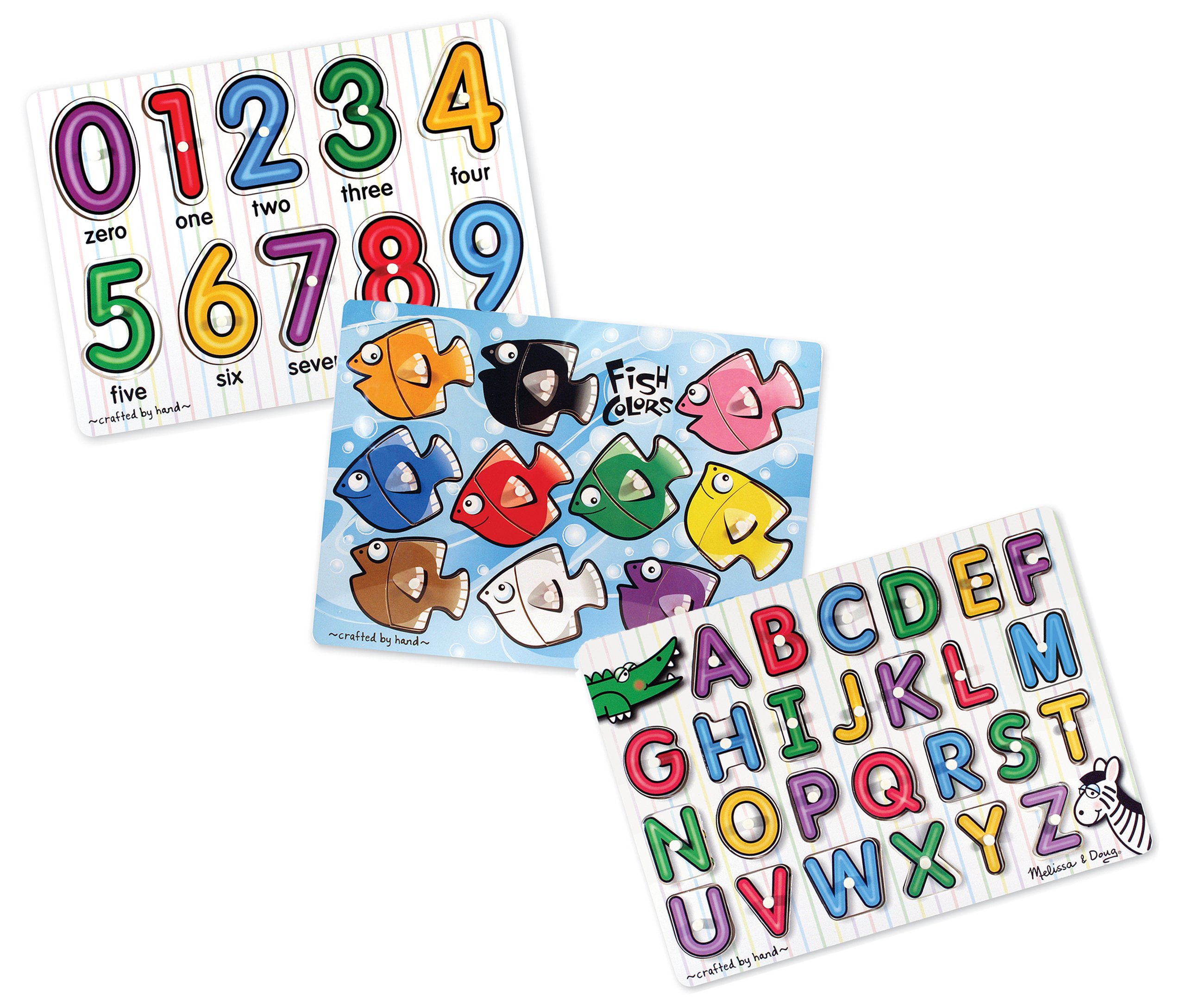 Melissa Doug Classic Wooden Peg Puzzles (Set of 3) Numbers, Alphabet