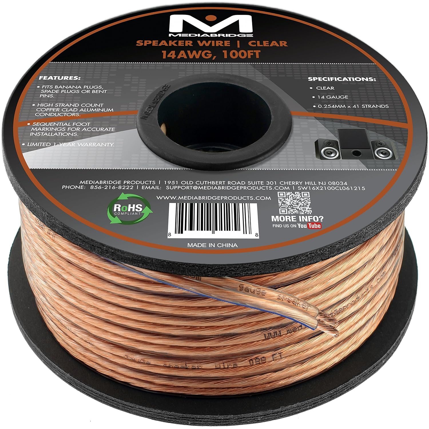 Mediabridge 14AWG 2-Conductor Speaker Wire (100 Feet, Clear)- Spooled Design with Sequential Foot Markings (Part# SW-14X2-100-CL )
