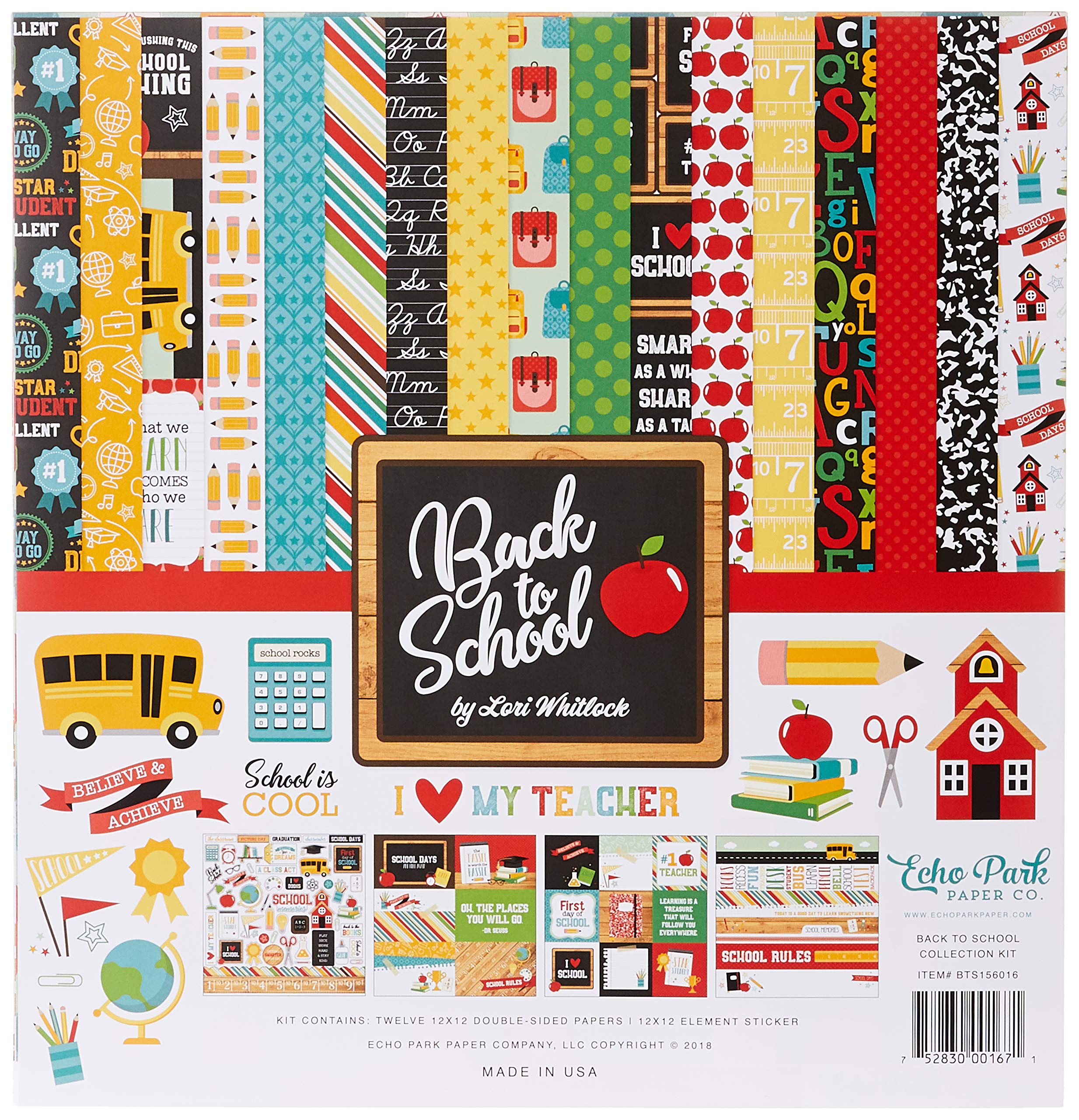 Echo Park Paper Company Back to School Collection Kit paper, 2-x-2, Blue/Black/Red/Green/Yellow, 12-x-12