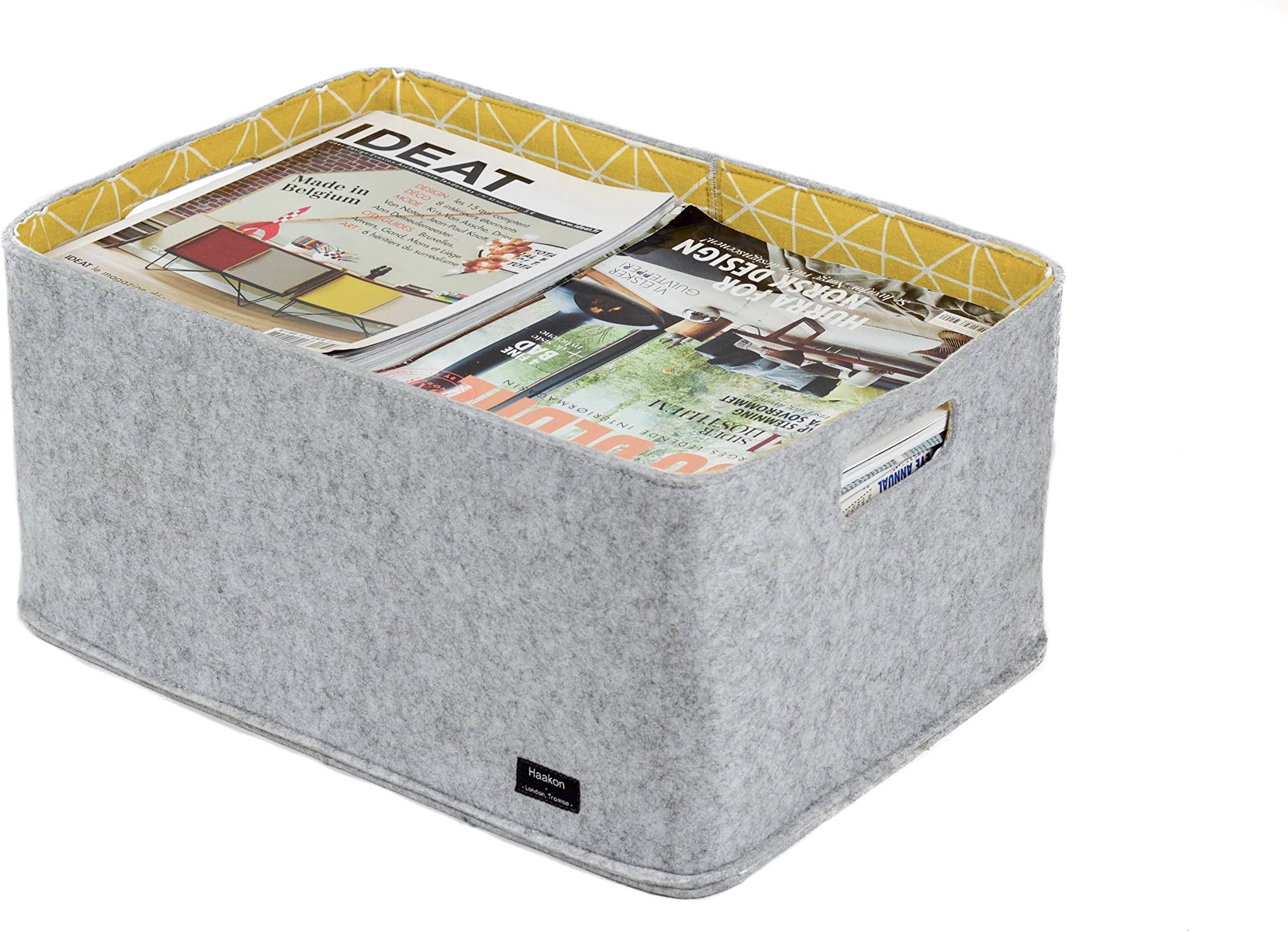 Scandinavian Design - Large Light Grey Felt Storage Basket with a Contemporary Geometric Yellow Print Lining. Ideal for Magazines, Toys and General Storage.