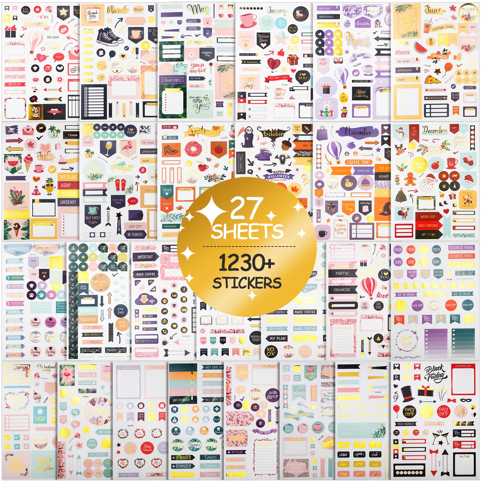 FEMBW 27 Sheets Gold Foil Planner Stickers with Multiple Colors Assorted Themes and Designs, 1296 PCS Journal Stickers for Planners Calendar