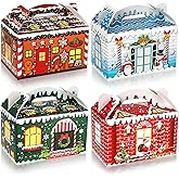 Clabby 24 Pcs Christmas Treat Boxes with Handles 3D Christmas Cookie Gift Boxes Cardboard Goodie Candy Bags Xmas Santa Elf Snowman Elk Gingerbread Holiday Party Favor Supplies, 4 Design(Vivid Style)
