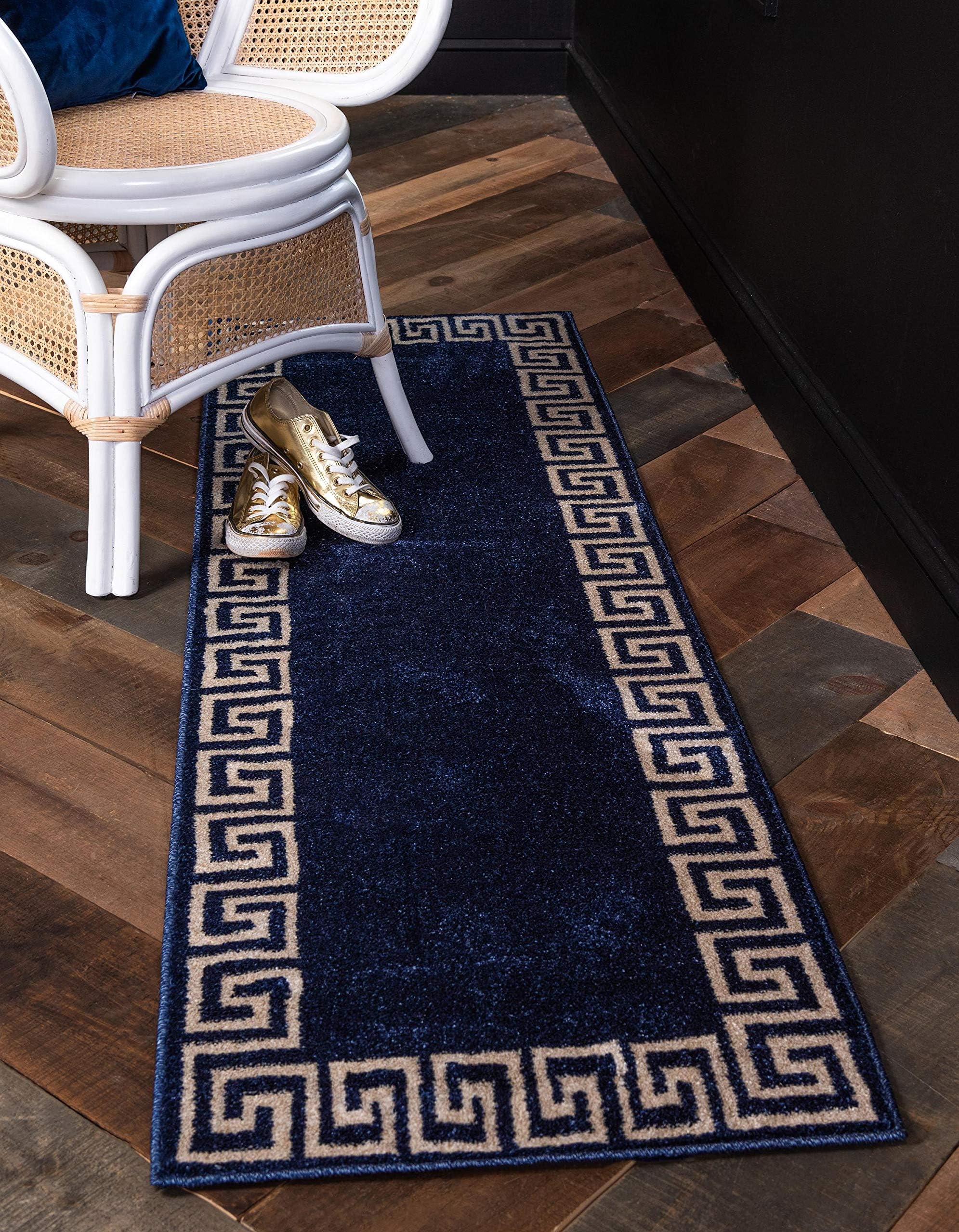 Unique LoomAthens Collection Classic Geometric Modern Border Design Area Rug, 2 ft 7 in x 10 ft, Navy Blue/Beige