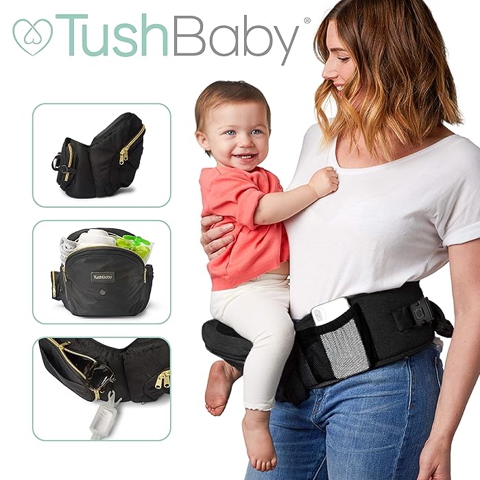 TushBaby The Only Safety Certified Hip Seat Baby Carrier &ndash; As Seen On Shark Tank, Ergonomic Waist Carrier for Newborns, Toddlers & Children, Black/Gold