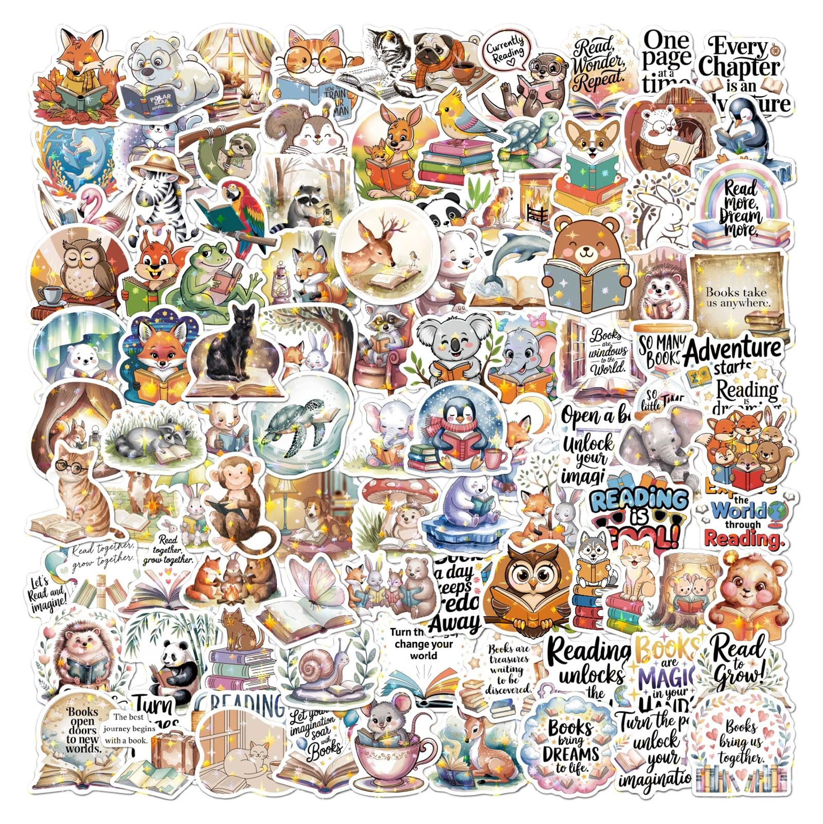 100 Pcs Book Stickers,Waterproof Holographic Stickers for Water Bottles, Laptops, Journals, Scrapbooks, Suitcases, Skateboards, Phones, Tablets,Aesthetic Designs for Girls, Teens, Adults