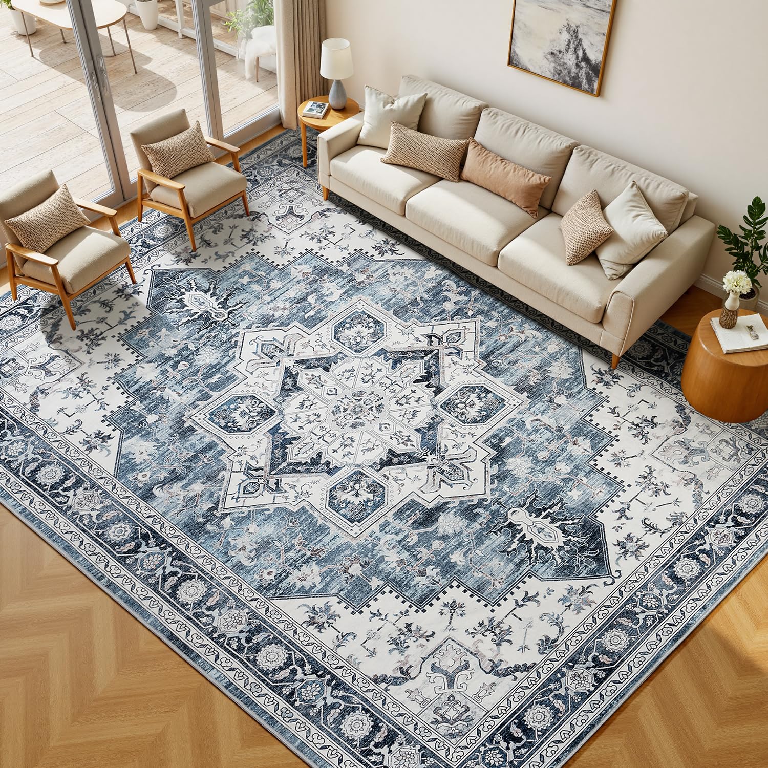 Lessymo 8×10 Area Rugs Washable for Living Room, Large Soft Indoor Rug Non-Slip for Bedroom Kitchen Dining Room Dorm Nursery, Vintage Boho Carpet Stain Resistant for Office Home Decor, Blue/White Image
