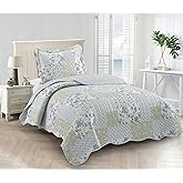 Brilliant Sunshine Multi Blue and Beige Floral Patchwork, 2-Piece Quilt Set with 1 Sham, Reversible Bedspread, Soft Lightweight Coverlet, All-Season, Twin, Blue White