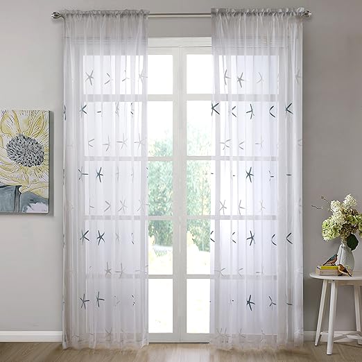 Dreaming Casa Embroidered Voile Curtains White Sky Blue Star Semi