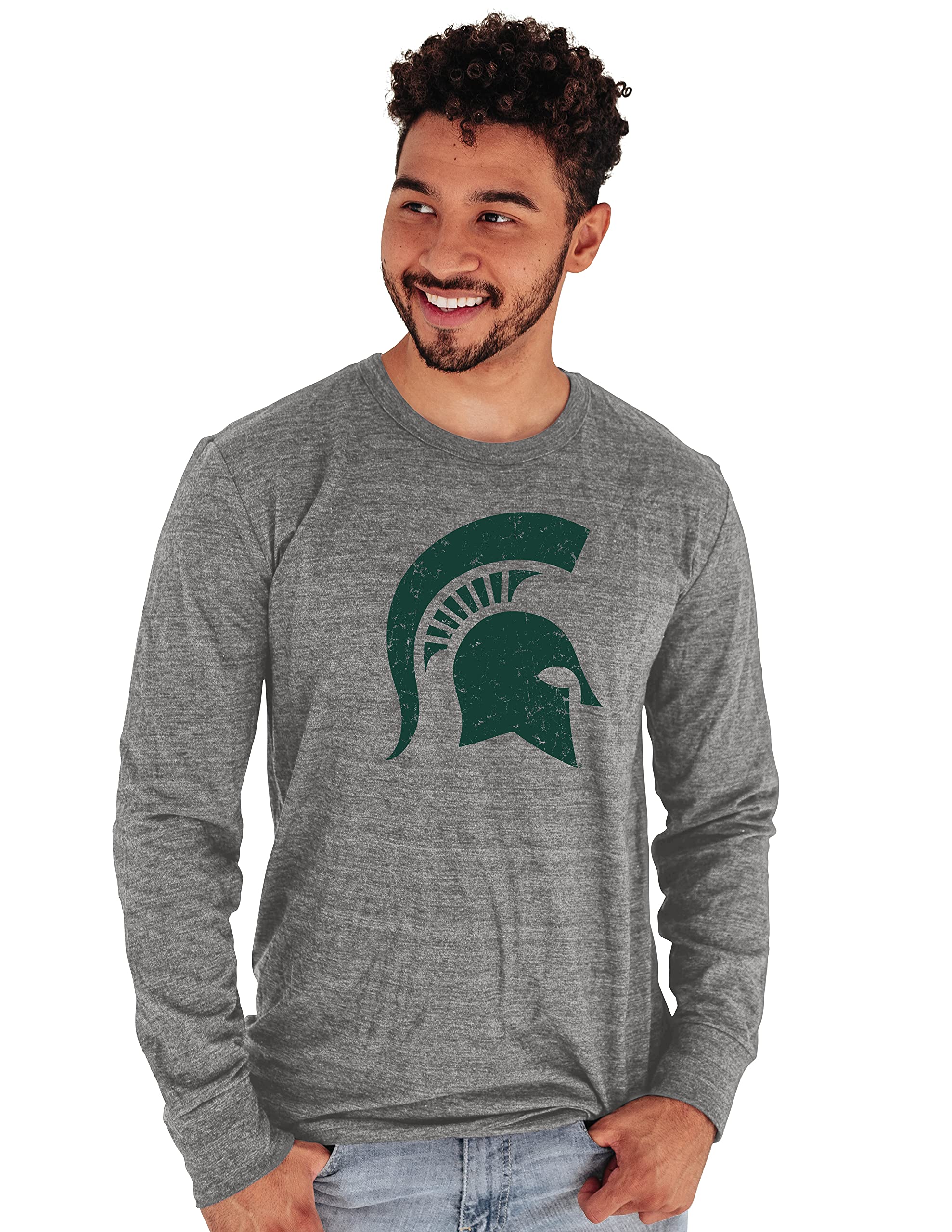 Blue 84 Men's Michigan State Spartans Tri-Blend Long Sleeve T-Shirt Vintage Icon Heather Grey, Grey, Large Image