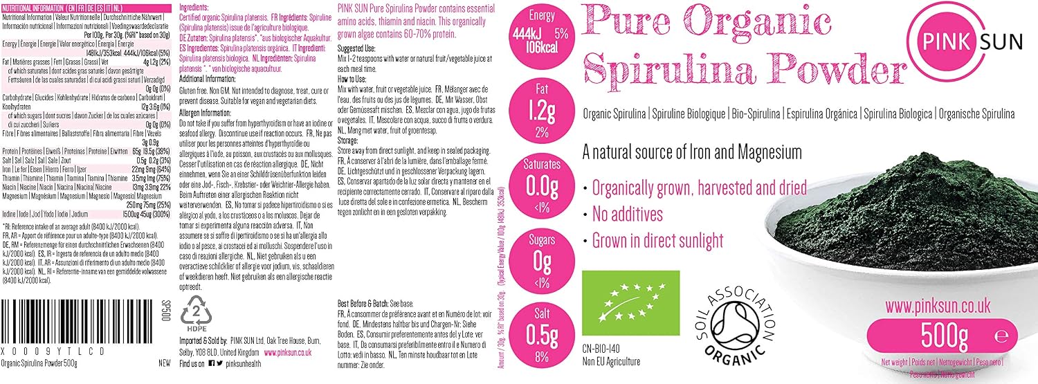PINK SUN Organic Spirulina Powder 500g (1kg or 2kg) Gluten Free Non GMO Suitable for Vegetarians and Vegans Certified Organic by The Soil Association - Image 3