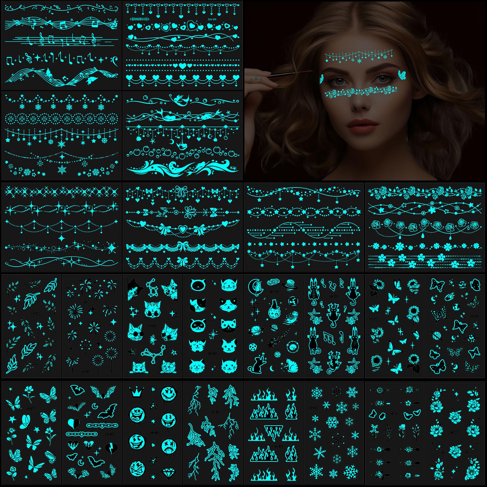 Konsait 24 Sheets Glow in the Dark Face Tattoos - Temporary Luminous Body Make Up With Mermaids Butterfly Pattern for Women Girls Kids (Blue)