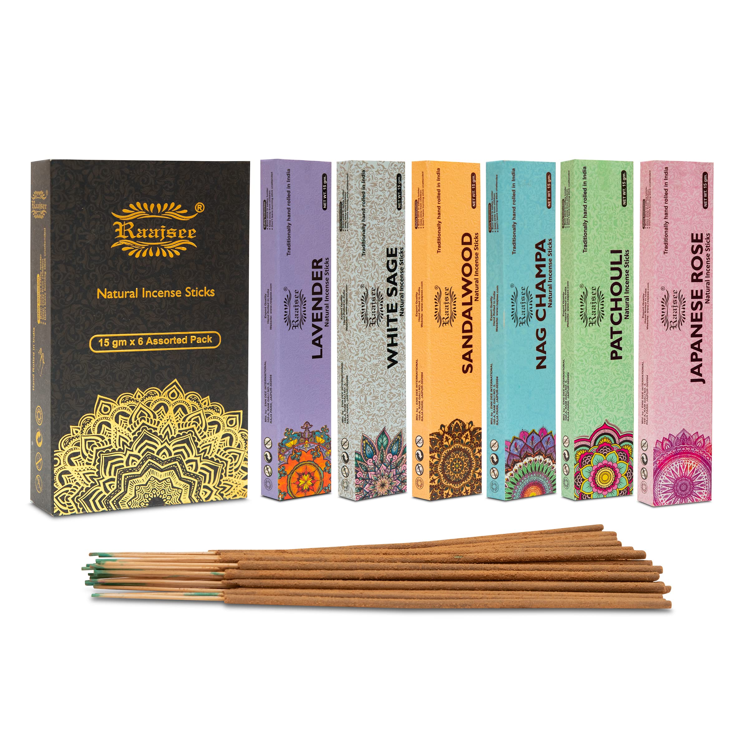 raajsee 100% Organic Hand Rolled Incense Sticks 6 Pack Variety Set 15gm Each,Nagchampa-Lavender-Sandalwood-Patchouli-Japanese Rose-White Sage- Perfect For Church,Aromatherapy,Relaxation Meditation — image 1