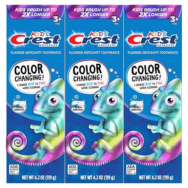 CREST ADVANCED KID’S FLUORIDE TOOTHPASTE, BUBBLEGUM FLAVOR, 4.2 OZ, 3 COUNT, COLOR-CHANGING ANTICAVITY TOOTHPASTE