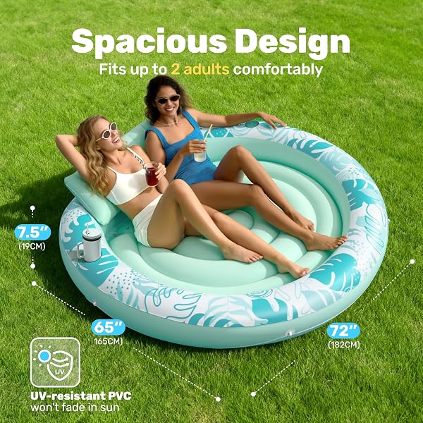 SLOOSH INFLATABLE TANNING POOL LOUNGER FLOAT, 72″ X 56″ POOL FLOATS ADULT WITH PILLOW, 4 IN 1 ROUND SUNTAN TUB RAFT FLOATIE,SUNBATHING BED LOUNGE FOR WATER BLOW UP BALL PIT PARTY GIFTS, CYAN