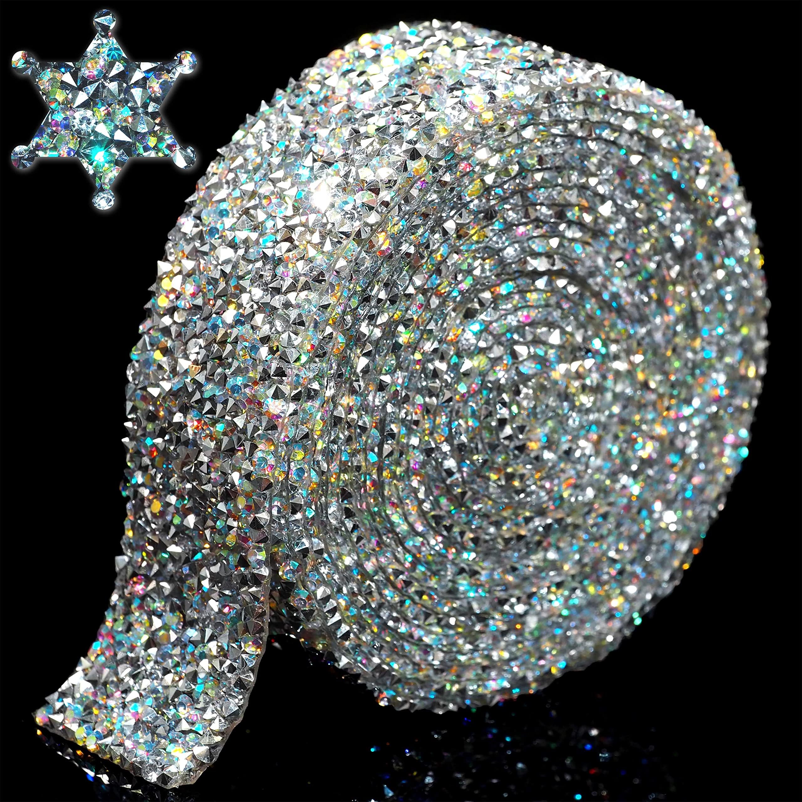 Photo 1 of Locacrystal Bling Rhinestones Ribbon Self-Adhesive Iron on Resin Diamond Crystal Ribbon Wrap Roll DIY Rhinestone Stickers for Wedding Clothing Cars Crafts Dress Decoration(Silver AB,1.18inch x 3yard)