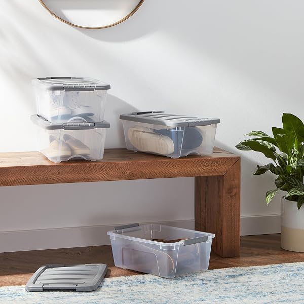 AMAZON BASICS PLASTIC STORAGE CONTAINERS WITH SECURE LATCHING LIDS, STACKABLE ORGANIZATION BINS FOR ORGANIZING, CLEAR/GREY, 12 QUART, SET OF 6
