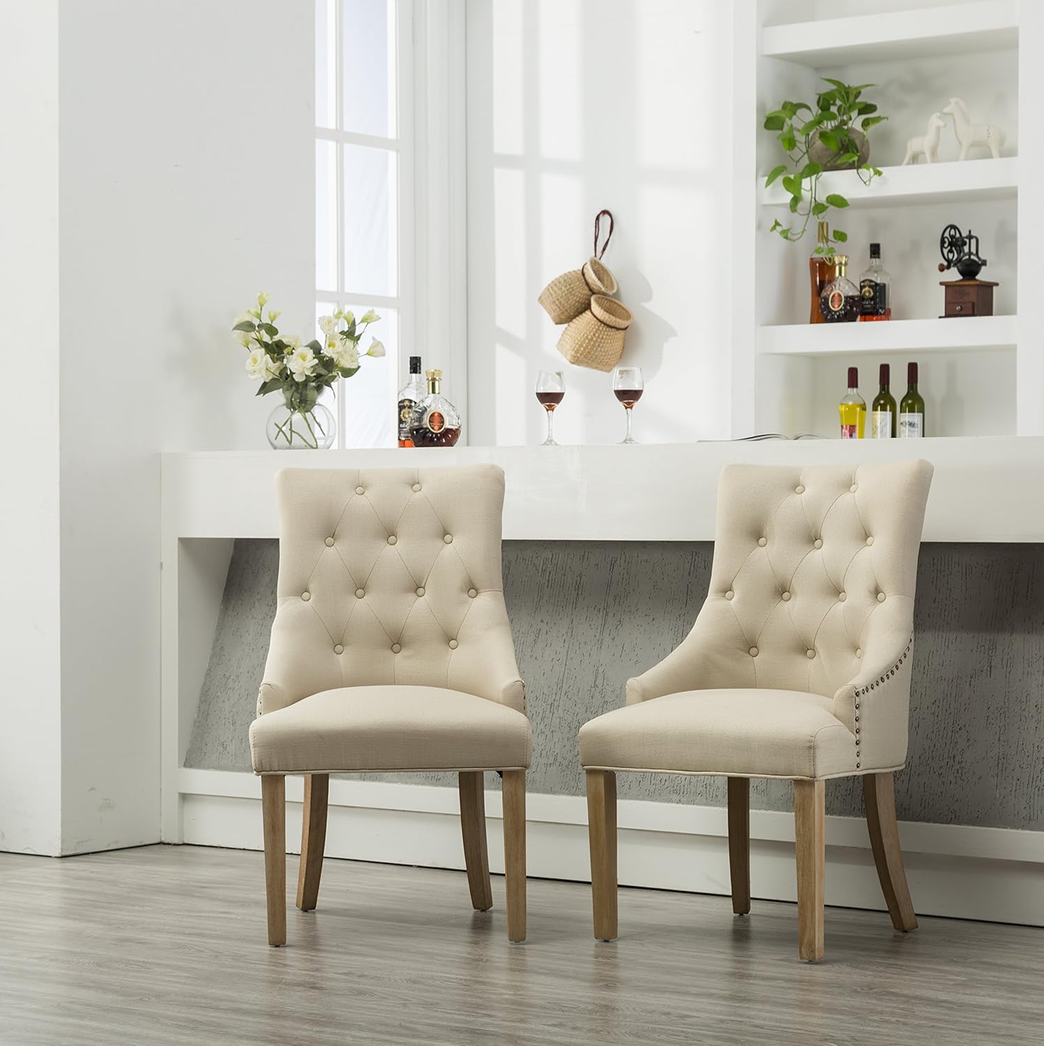 Roundhill Furniture Button Tufted Solid Wood Wingback Hostess Chairs with Nail Heads, Set of 2, Tan - Chairs