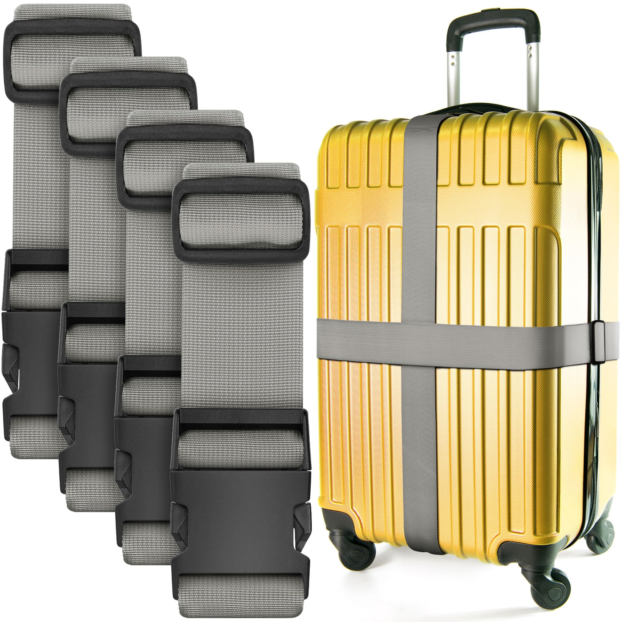 Luggage Straps for Suitcase - Silver, 1.9m x 5cm, 4 Pack - Strap for Suitcases - TSA Approved by BlueCosto