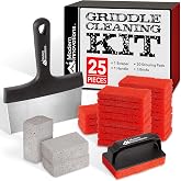 Modern Innovations 25-Piece Griddle Cleaning Kit, 20 Scouring Pads, 3 Grill Bricks, 1 Indoor Grill Scraper, 1 Handle, Pumice Stone Brick, Blackstone &amp; Weber Compatible BBQ Flat Top Cleaner Accessories