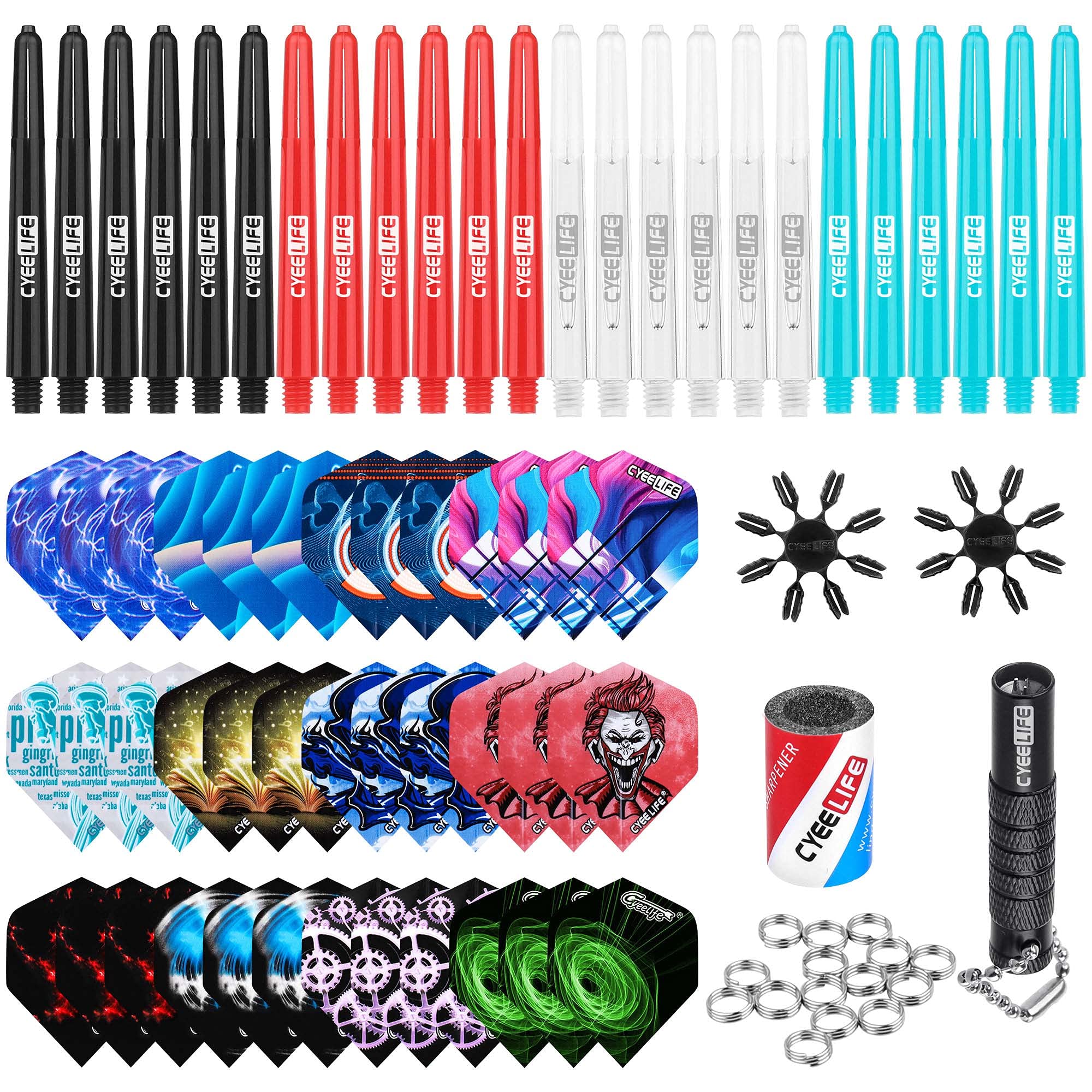 CyeeLife-Dart Accessories kit,36 Dart Flights+24 PVC Shafts+Sharpener+Remover Tool+50 Metal Rings+16 Flight Protectors