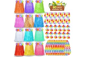 Pistroy 60 Pcs Hawaiian Luau Hula Skirts Decorations, Hawaiian Grass Skirts Leis Necklaces Bracelets for Tropical Beach Holiday Decorations Tropical Themed Dance