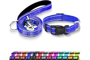 Maiiu Reflective Dog Collar with Safety Locking Buckle, Adjustable Soft Breathable Nylon Collars for Small, Medium and Large Dogs(Collar+Leash S Width 3/4" Navy Blue)