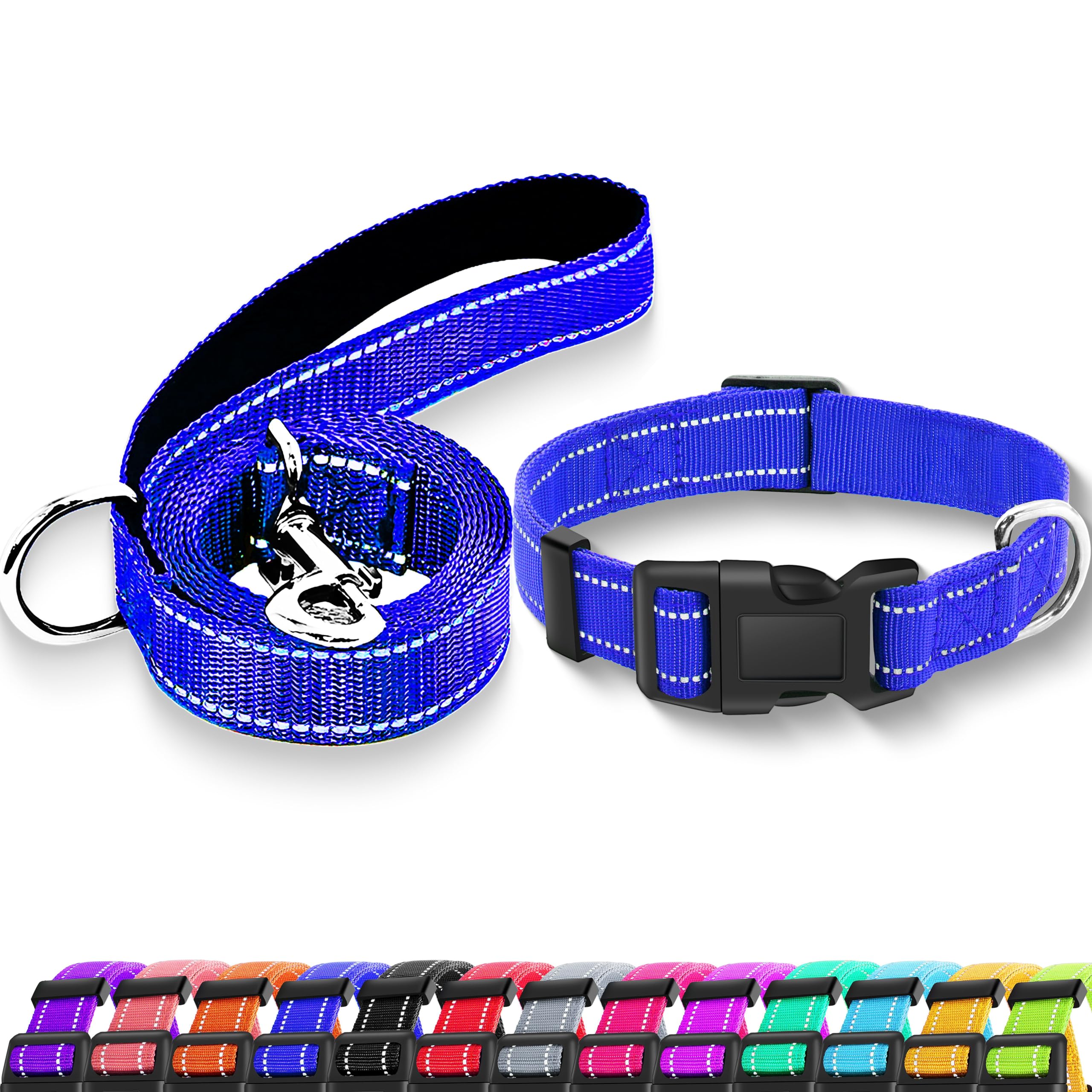 Photo 1 of Maiiu Reflective Dog Collar with Safety Locking Buckle, Adjustable Soft Breathable Nylon Collars for Small, Medium and Large Dogs(Collar+Leash L Navy Blue)