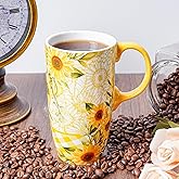 Topadorn Ceramic Coffee Travel Mug with Lid and Handle, Reusable 17 Oz Large Porcelain Latte Teacup with Color Box, Splash Resistant Lid - To Go Tumbler for Car Cup Holder, Sunflower