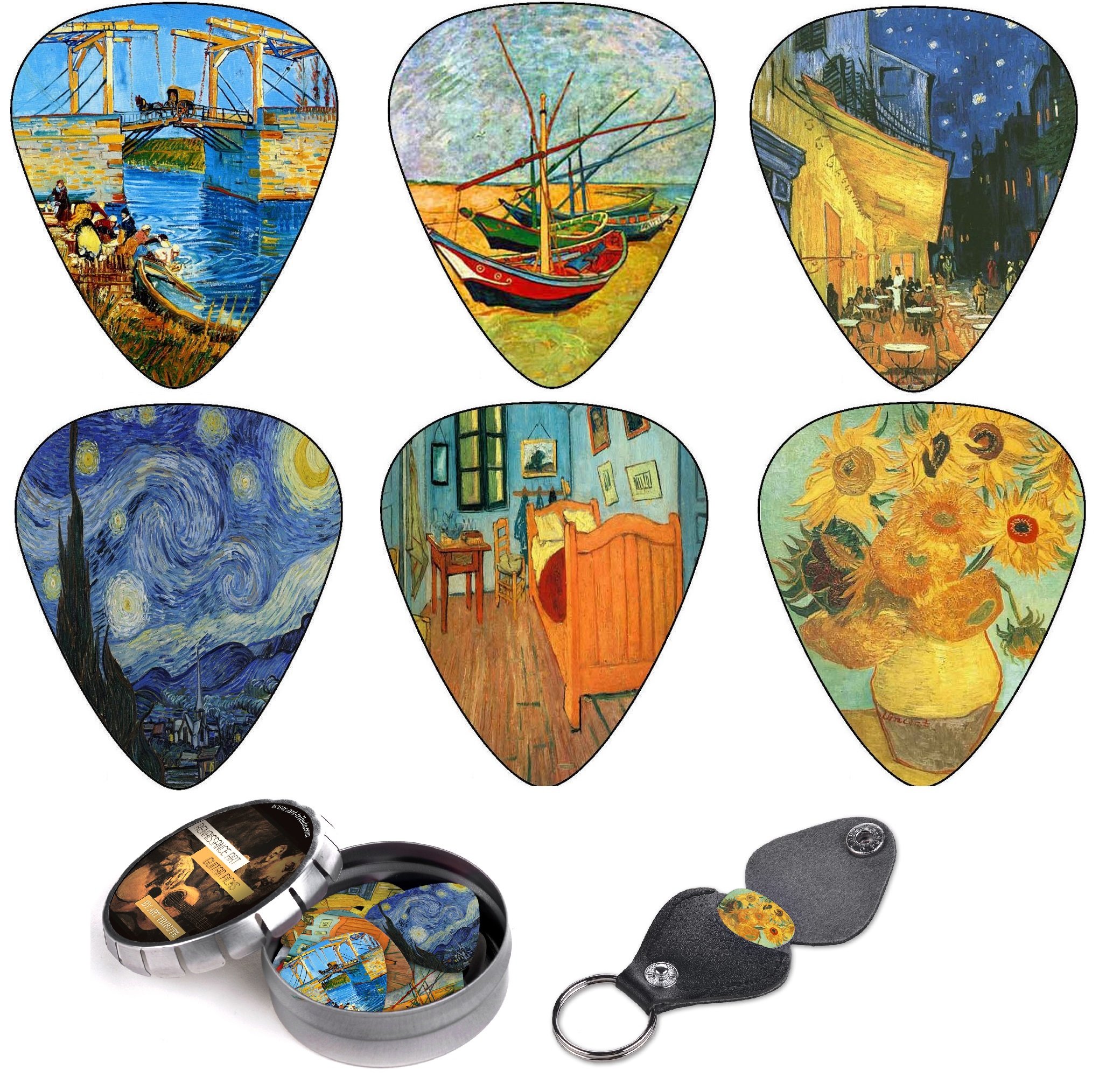 Vincent Van Gogh Guitar Picks Complete Gift Set For Guitarist. Celluloid Medium 12 Pack in A Tin Box + Picks Holder - Unique Stocking Stuffer For Guitar Player - Limited Time Deal