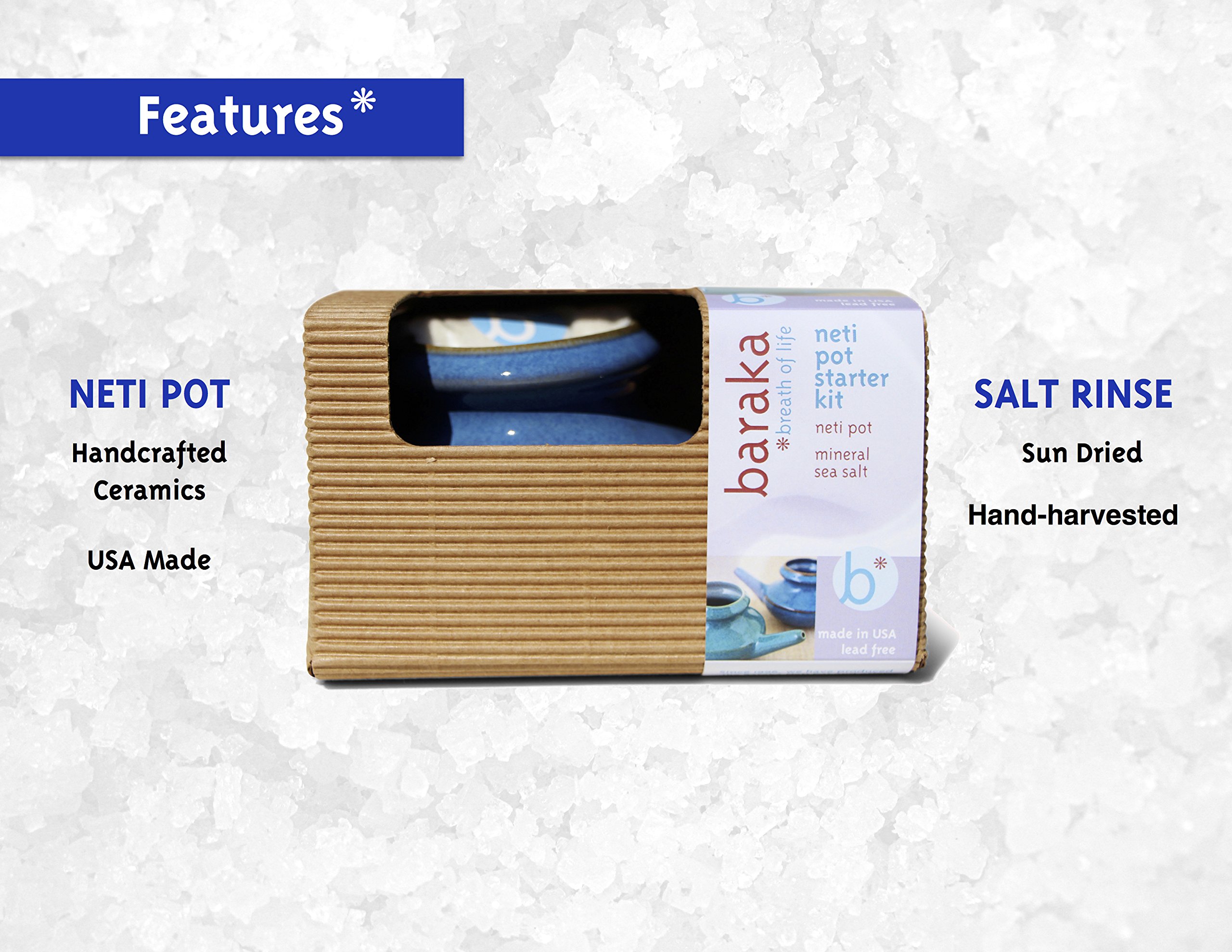 Baraka Handcrafted Ceramic Neti Pot w/Box and 2 oz Mineral Sea Salt Rinse (Blue) - Tool Kit for Home - Relaxing Gifts for Women - Snoring & Saline Solution