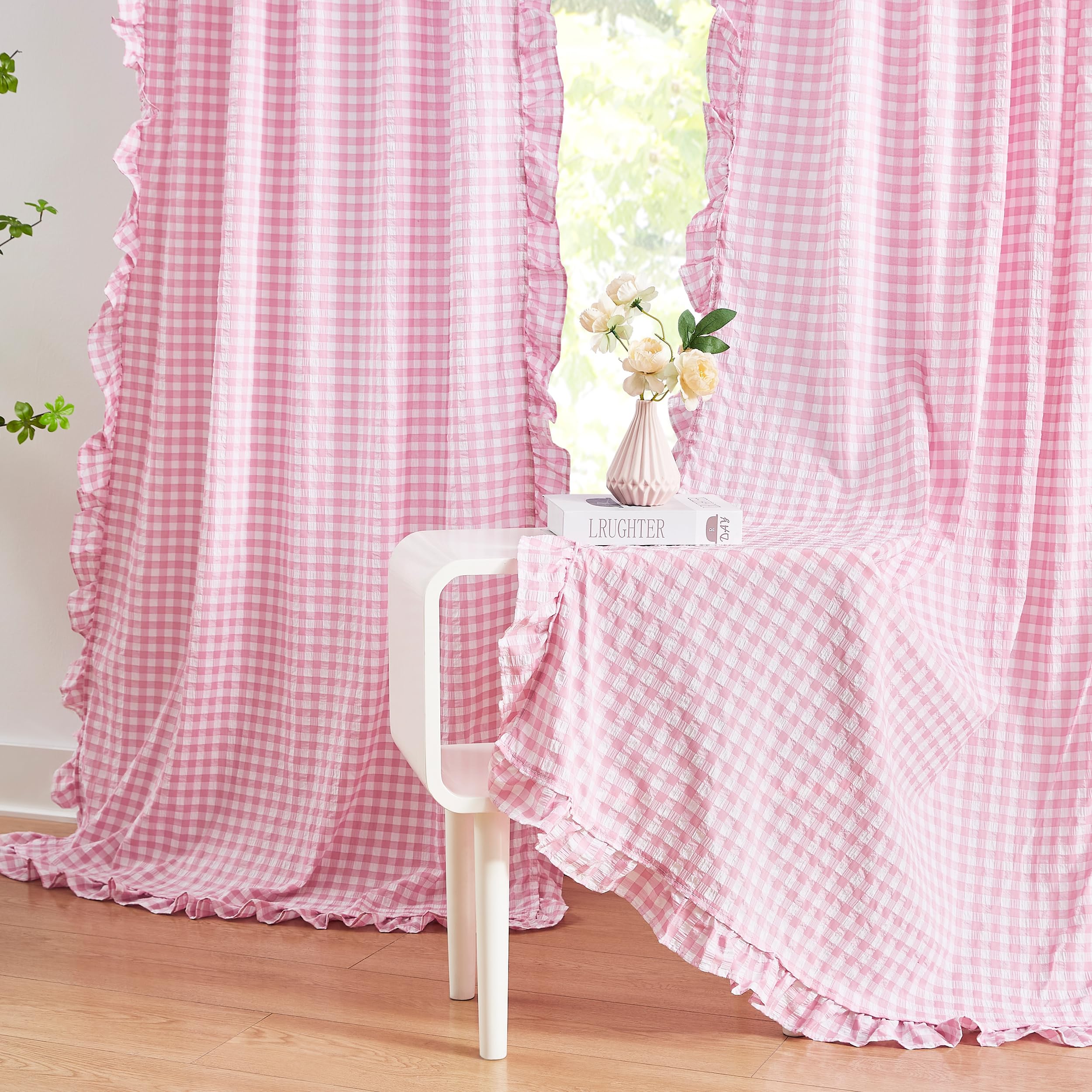 Photo 1 of ZJDECOR Light Pink Buffalo Plaid Ruffle Curtains 84 Inches Long for Girls Room,Crinkled Not-See-Through Sheer Drapes,Shabby Chic Window Treatment for Bedroom Living Room,Rod Pocket,40"Wx84"L,Pack of 2