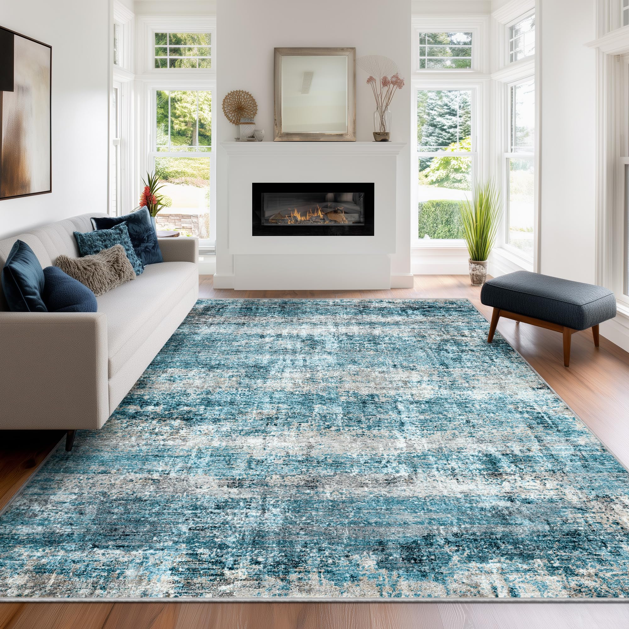 Photo 1 of LEPEII 5x7 Area Rugs, Abstract Rugs for Living Room, Indoor Non-Slip Washable Rug for Bedroom, Dining Room, Low Pile Home Decor Neutral Area Rug-Blue