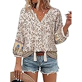 Vivilli Womens Boho Tops Casual V Neck 3/4 Sleeve Blouses Floral Print Shirt Tie Front Flowy Vacation Clothes