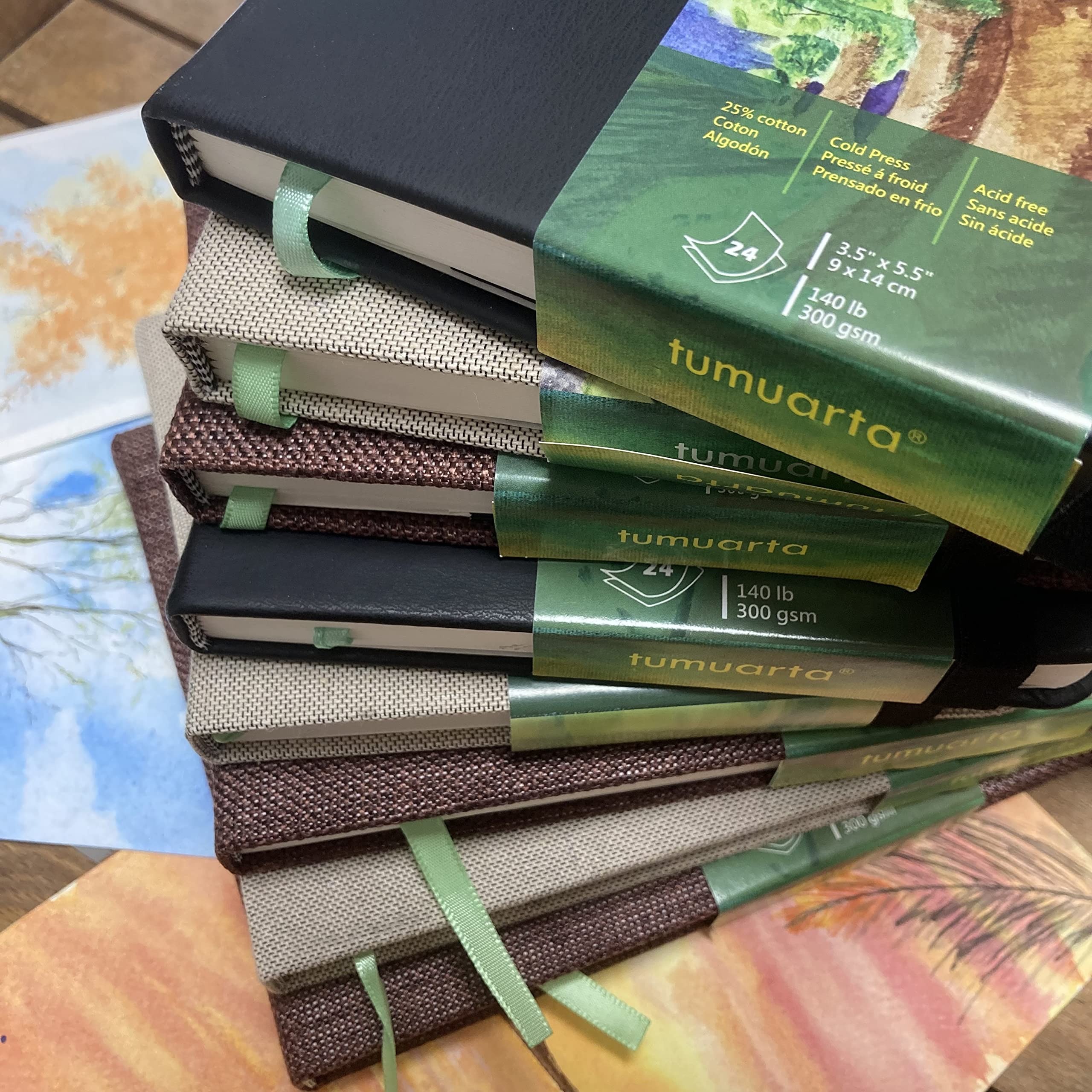tumuarta Watercolor Journal, 3.5x5.5”, 140 LB, 300 GSM, Cotton Paper, Cold Press, 24 Sheets, 48 Pages, Watercolor Paper Sketch Books for Use As Mixed Media Pad On The Go