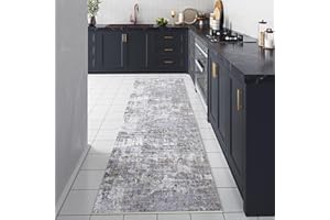 PureCozy Machine Washable Runner Rug 2x6 Grey Hallway Neutral Indoor Accent Gray Modern Abstract Kitchen Low Pile Carpet Non Slip Distressed Throw Area Rug Living Room Bedroom Office Dining Room