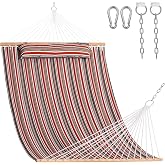 Lazy Daze Hammocks 12FT Quilted Fabric Double Hammock with Hardwood Spreader Bar, Detachable Pillow and Carabiners for Outside, 2 Person Hammock for Outdoor, 450LBS Capacity, Red Brown