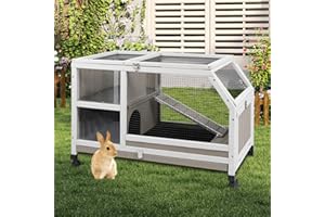 MAGAZOOPET 36''L Rabbit Hutch Outdoor with Casters and Run, Wooden Indoor 2 Story Guinea Pig Cage with Divider Panel, Pull Out Tray, Rabbit Duck Bunny House for Small to Medium Animals and Pet Lover, Gray