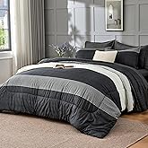 Andency Queen Comforter Set 7 Pieces Bed in a Bag - Black White Grey Striped Lightweight Soft Microfiber All Season Queen Size Bedding Set with Comforter, Fitted & Flat Sheet, Pillowcases & Shams