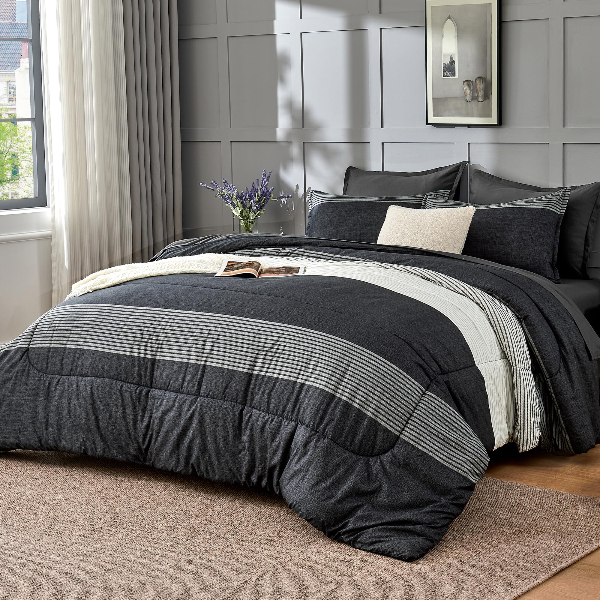 Photo 1 of ***MISSING PARTS***
Andency Full Bed in a Bag 7 Pieces Comforter Set - Black White Grey Striped Lightweight Fully Microfiber Breathable All Season Bedding Set with Comforter, Fitted & Flat Sheet, Pillowcases & Shams