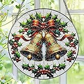 Stained Glass Window Hanging, Pauyadu Sun Catchers Indoor Window, Bells Christmas Suncatcher, Christmas Home Decor, Festive Gifts for Friends, Neighbor - 8 Inch